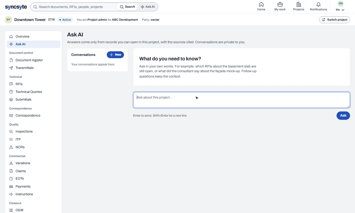 Recording: asking a question in Ask AI and receiving an answer with numbered citations.