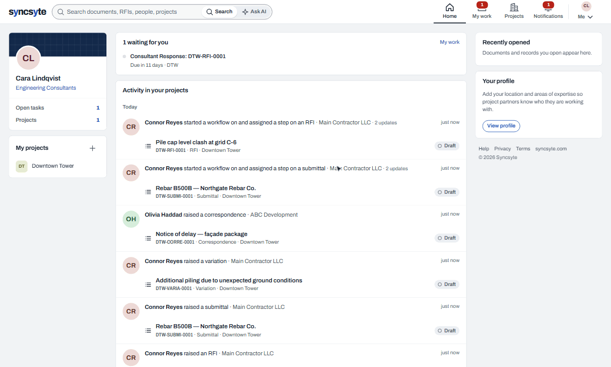Recording of the Syncsyte home page: what is waiting for you, then the activity feed of a project as documents are registered, revised and approved.