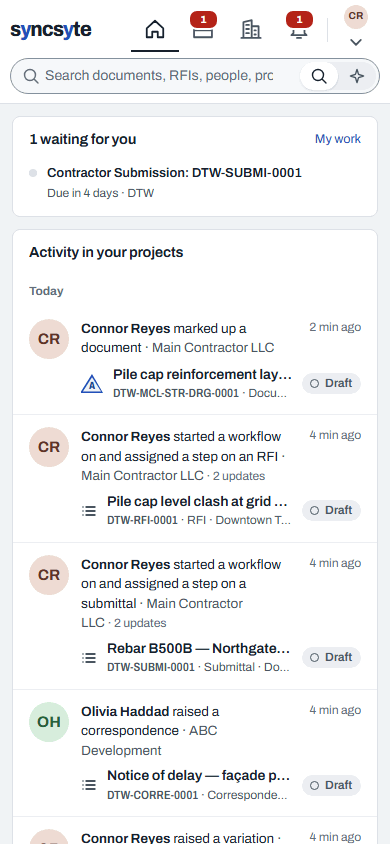 Recording: Syncsyte on a phone, moving from the home feed to the document register and an RFI.
