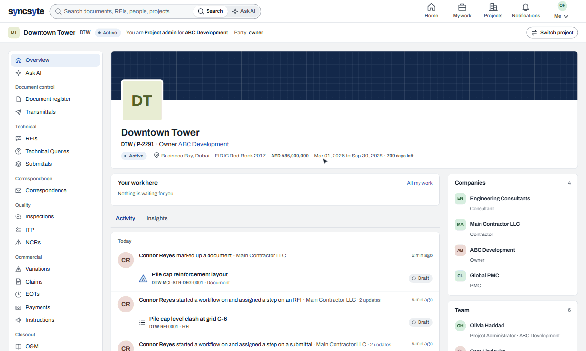 Recording: a project overview, a team member's profile and their company page.